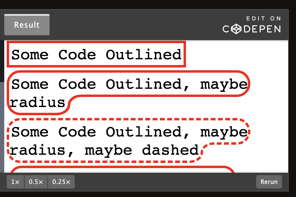 Image of codepen output in Chrome. Of note the second line is properly curved. The line below is correctly dashed.