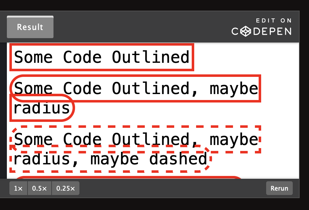 Image of codepen output in Firefox. Of note the second line is outlined with the correct border radius at the beginning and end, however the wrapped text onto the second line has a solid border to its left.